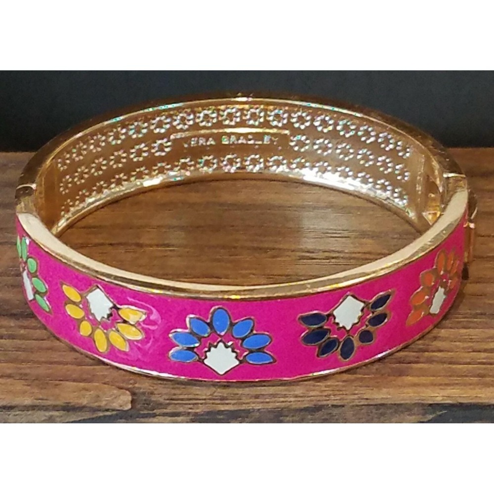 Vera Bradley Rio Pink Enamel Bangle Bracelet Hinged Gold Tone Metal Floral